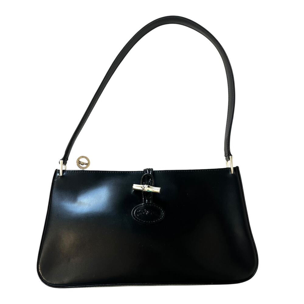 Longchamp Roseau Black Smooth Leather Shoulder Bag Bamboo Toggle Y2K